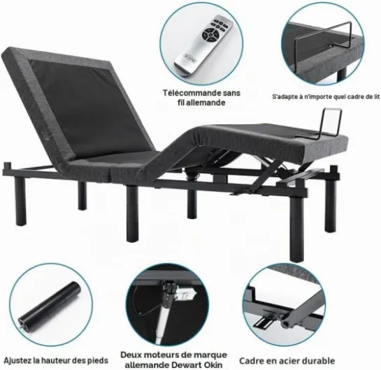 S*MAX Sommier électrique 140x200 de Relaxation Deux moteurs Deux ports USB Télécommande sans fil Veilleuse Dégagement zéro Gravité Lit double electrique 2 personnes Inclinaison de la tête et des pieds 140x200 cm