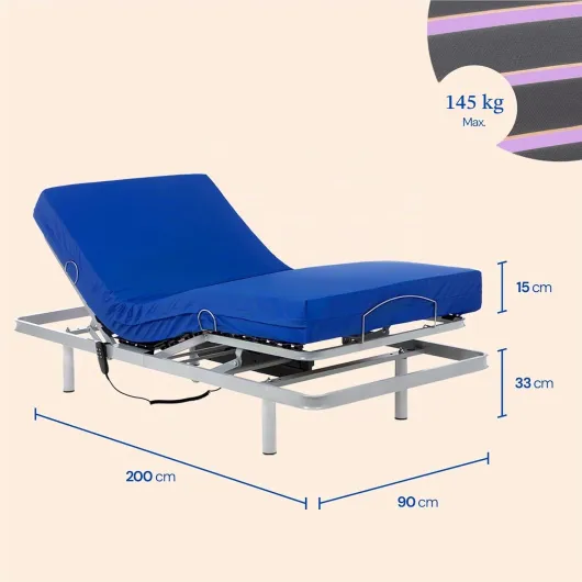 Lit Électrique 90x200 cm avec Matelas Imperméable HR - Sommier Électrique 4 Plans, Housse Imperméable, Housse Lavable