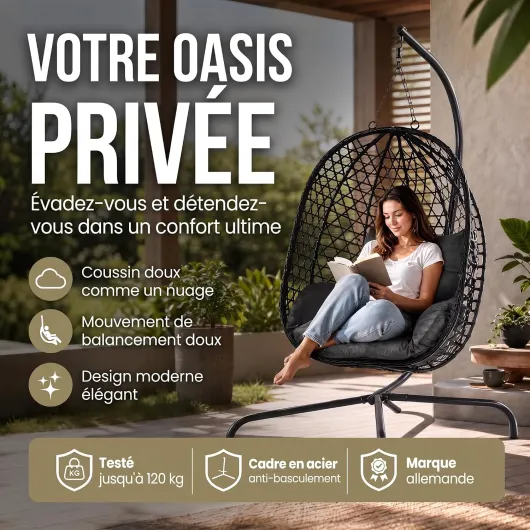 GOODS+GADGETS® Fauteuil Oeuf Suspendu avec Support - 120 kg Gris