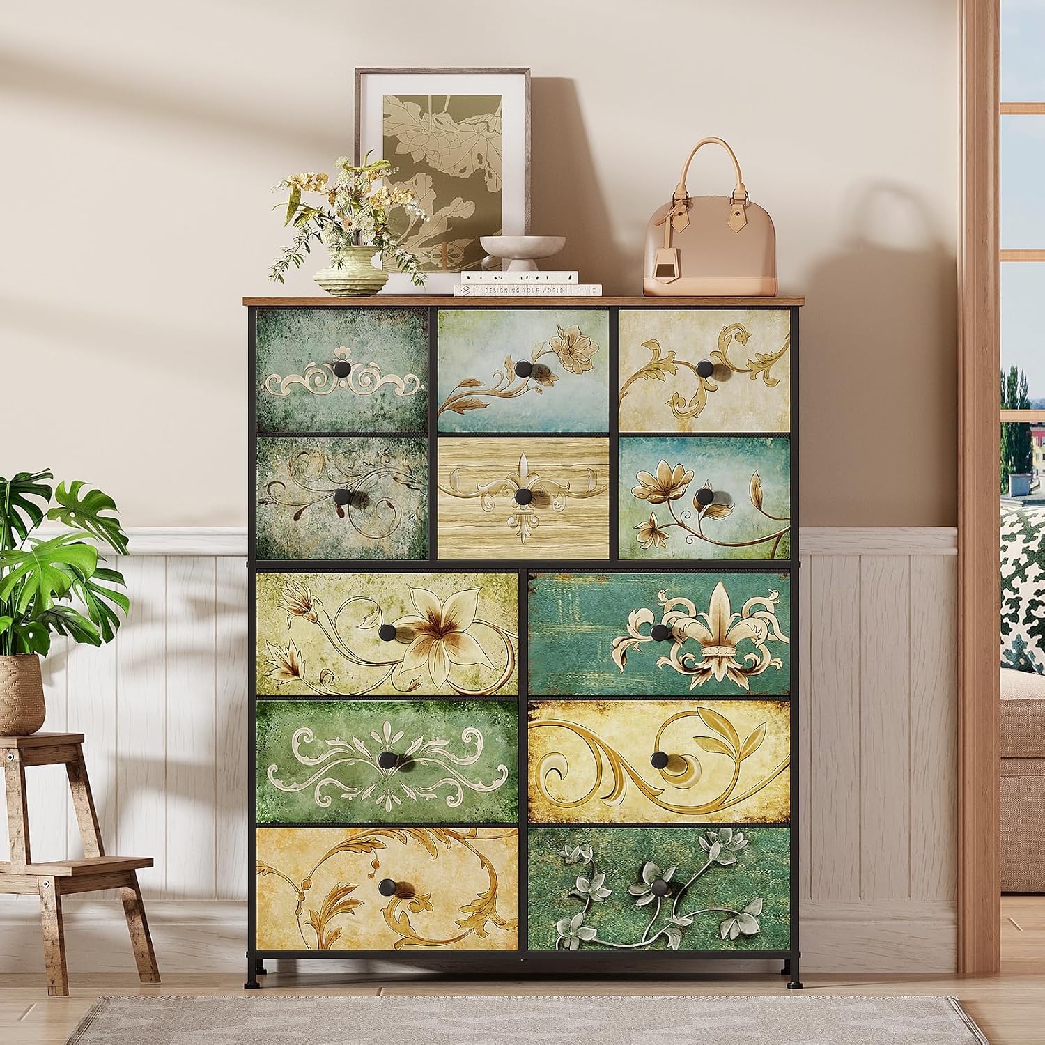 VEDECASA Commode en tissu vintage à 12 tiroirs avec imprimé floral, style bohème rustique pour chambre à coucher, couloir, salon 30P x 99l x 123H cm (12 Tiroirs)