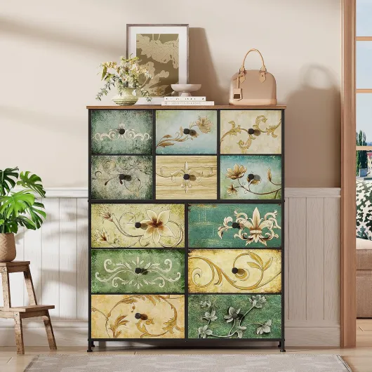VEDECASA Commode en tissu vintage à 12 tiroirs avec imprimé floral, style bohème rustique pour chambre à coucher, couloir, salon 30P x 99l x 123H cm (12 Tiroirs)