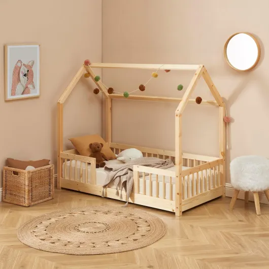 Lit enfent cabane Tiny pin Massif 70x140 sommier Inclus Sans tiroir 70x140 Naturel