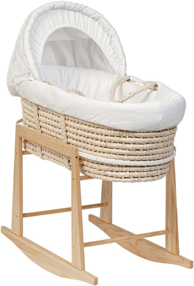 Couffin Moïse en Osier Naturel avec Support à Bascule - Berceau Tressé en Fibres de Maïs - avec Literie en Coton, Doublure Rembourrée, Capuche et Support en Bois (avec Capuche)