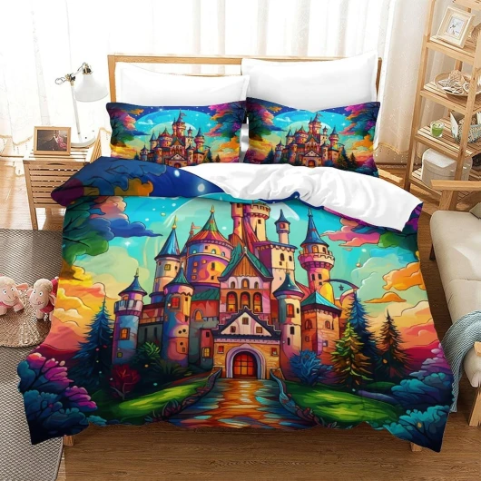 KOABERUVN 3D, Imprimé Le château Magique Ensemble De Literie avec Microfibre Super Douce Et Respirante Housses De Couettes 3 Pièces avec Taies d'oreiller Single(140x200cm) Style-15 Single(140x200cm)