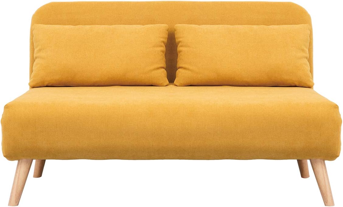 Banquette Convertible 2 Places en Tissu Effet Velours Moutarde et Bois Clair AMIKO