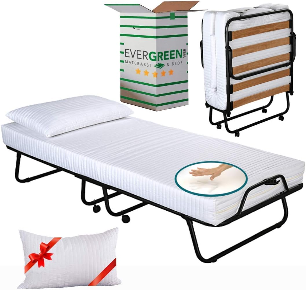 Evergreenweb - Lit Pliable d'appoint Simple avec Matelas Blanc a memoire de Forme 80x190 avec oreillers en memoire Gratuit, sommier à Lattes Confortable en Bois et Roulette, orthopédique, pour invité