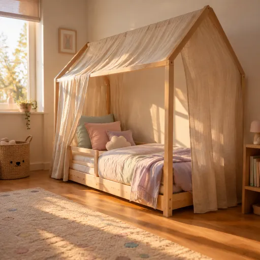 Transformer un lit cabane 90×190 avec un ciel en mousseline de coton beige