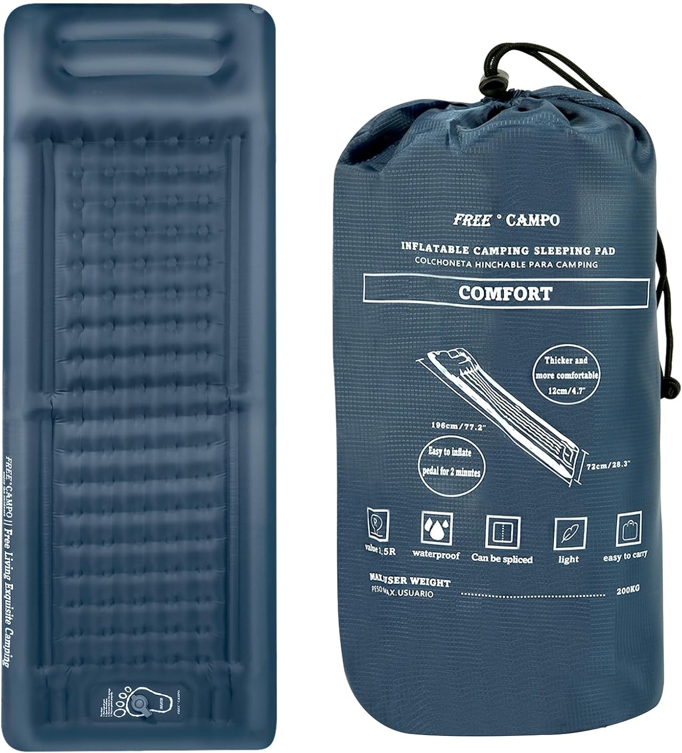 Matelas de Camping Auto-Gonflable de 12 cm d'épaisseur, Tapis de Camping avec Oreiller, équipement de Camping Durable, Pliable, Ultra-léger,