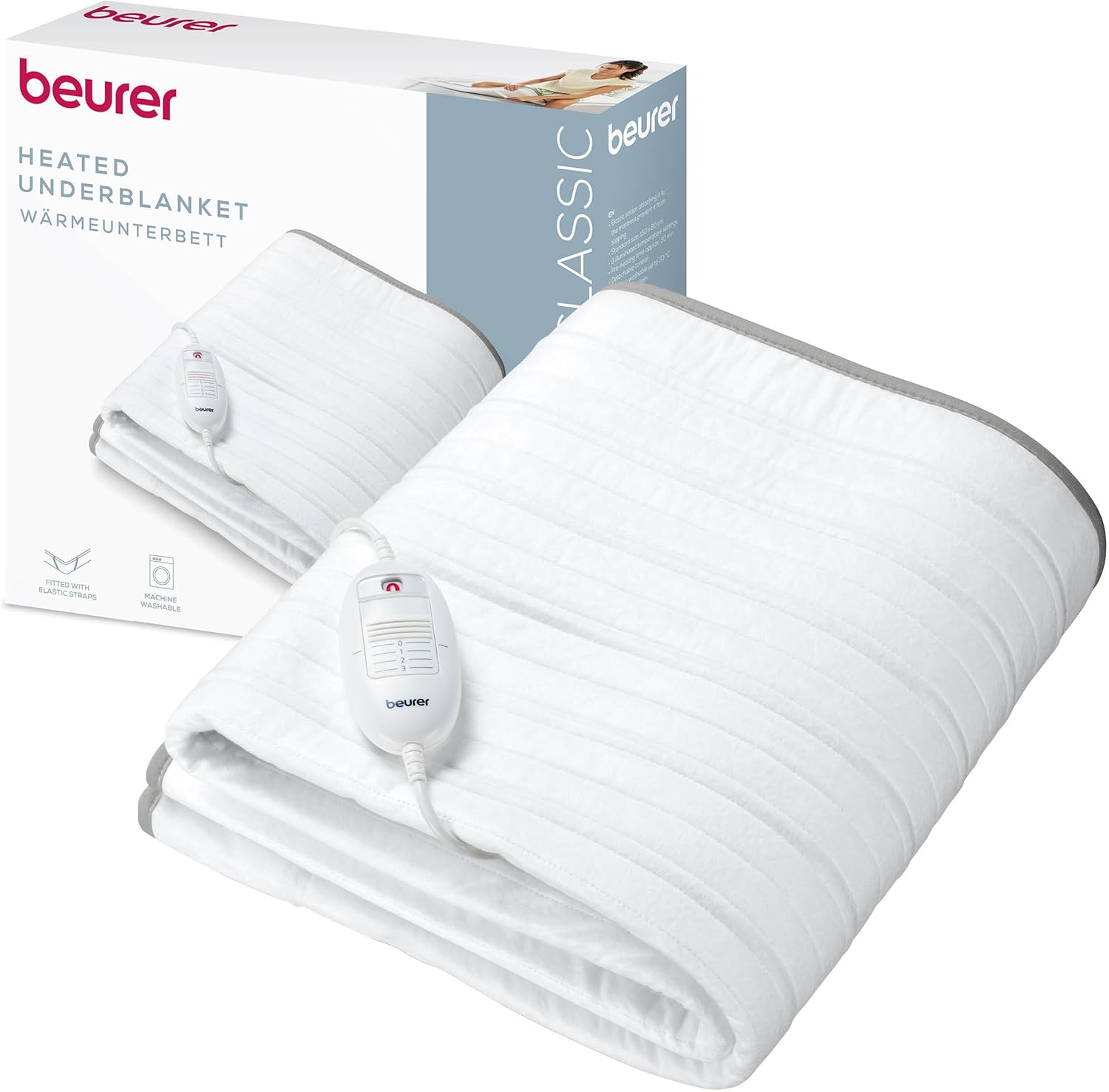 TS 17 Surmatelas Chauffant, Matière Douce Non Tissée, Antidérapante grâce à la Fixation avec Elastique, 3 Niveaux de Température, 150x80cm, Système de Sécurité, Interrupteur Amovible, Lavable