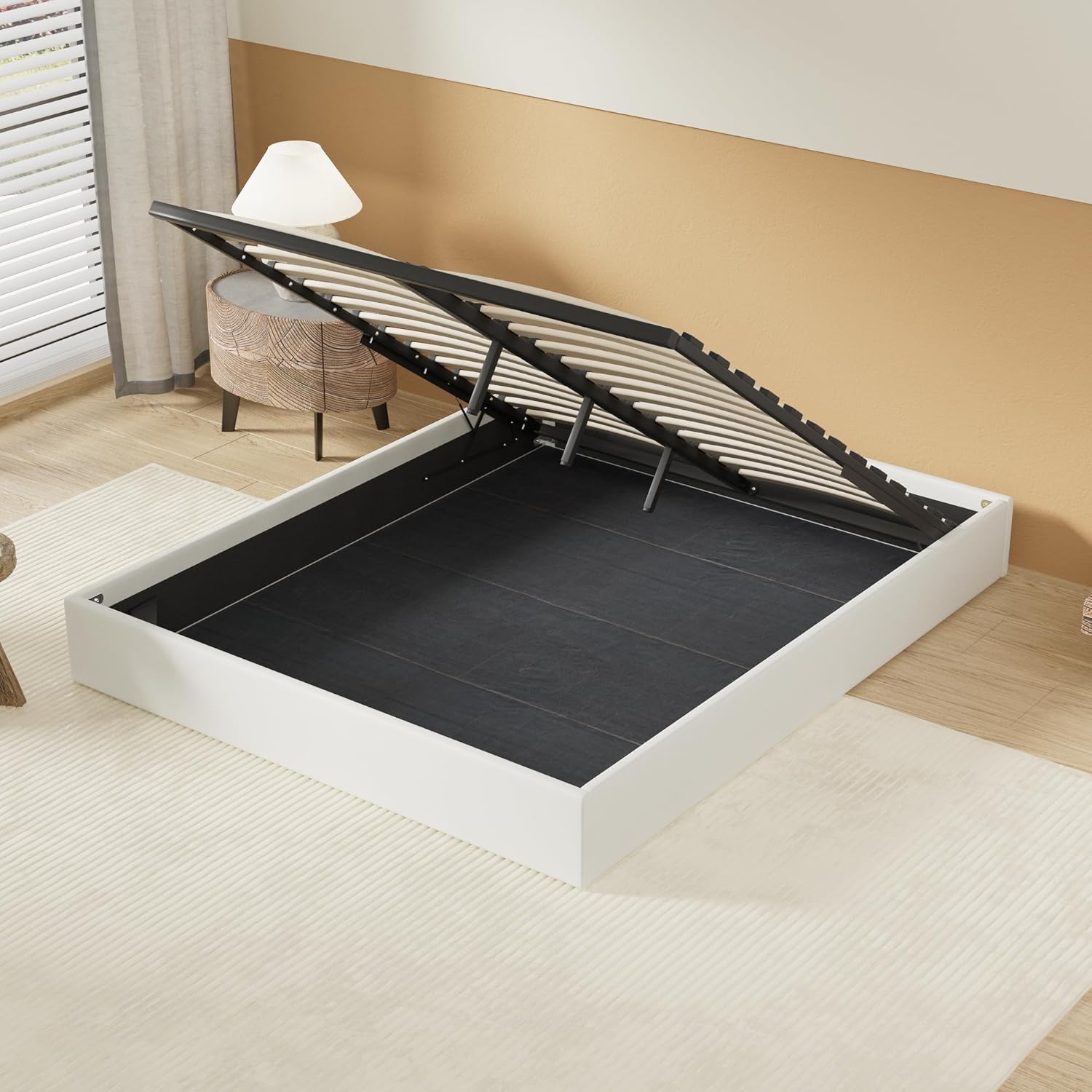 Lit Coffre, Sommier à Lattes en Bois Flexible, Cadre en Tissu Blanc crème, lit Stable et Solide - Grand Espace de Rangement sous Le lit - (Blanc, 140 x 190 cm)