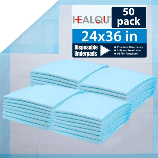 Healqu Alèse Jetable, Lot de 50 60x90 cm - Protège-Matelas Jetable Spécial Incontinence et Fuites Urinaires - Adultes, Enfants, Personnes gées et Animaux - Grand Format, Très Absorbant