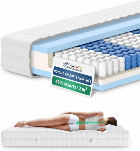 Matelas à Ressorts ensachés 200 x 200 avec 7 Zones de Confort - Housse Amovible et Lavable - Matelas 200x200 cm 20 cm epaisseur – Oeko-TEX - équilibré Équilibré - à partir de 80 kg 200 x 200 cm