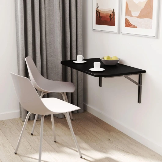 Mikon Table Pliante Murale avec Coins arrondis, Table Pliante, Table Murale, Table de Cuisine, Bureau, Table pour Enfants 60x40 cm Noir