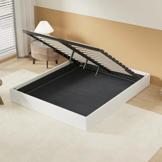 Lit Coffre, Sommier à Lattes en Bois Flexible, Cadre en Tissu Blanc crème, lit Stable et Solide - Grand Espace de Rangement sous Le lit - (Blanc, 160 x 200 cm)