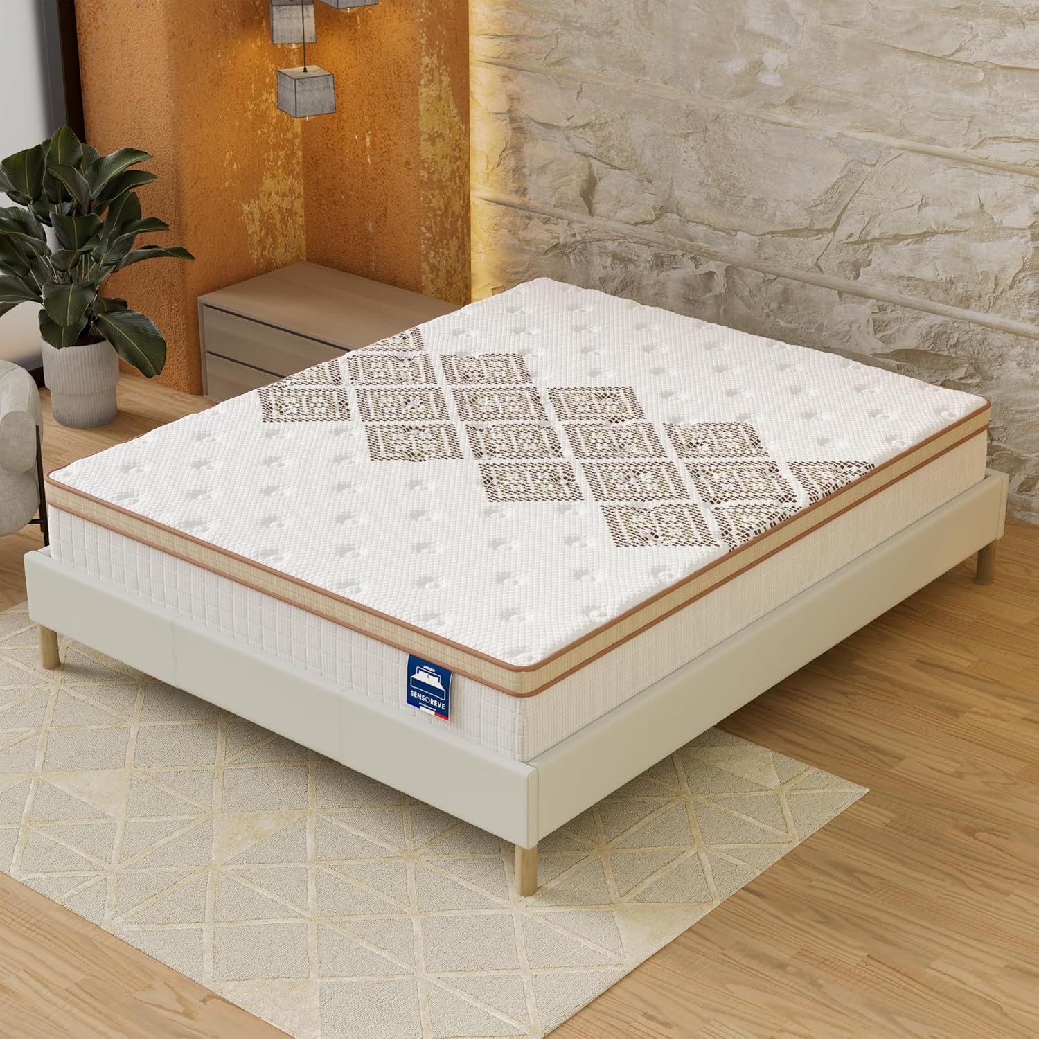 Ensemble Matelas + sommier - 160 x 200cm - Matelas Errakis Ressorts ensachés & Mousse Haute Densité d’épaisseur 28cm + Sommier Bois Stable & Robuste revêtement Tissu Blanc