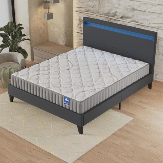 Ensemble Matelas + Sommier & tête de lit LED - Matelas Latex Naturel d’épaisseur 22cm + Lit Stable & Robuste, revêtement synthétique (140 x 190 CM, Noir)