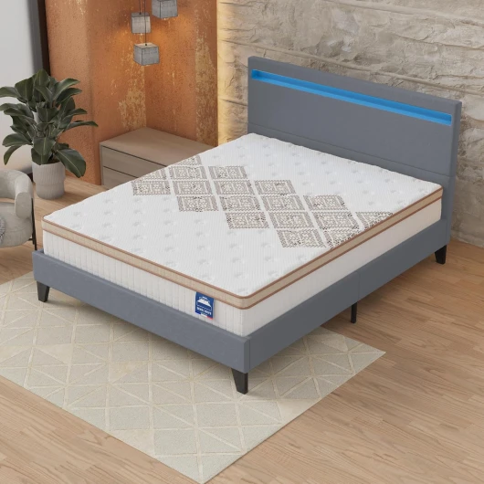 Ensemble Matelas + LIT (160x200cm)- Matelas Errakis 28cm Ressorts ensachés & Mousse HDensité + Sommier tête de lit LED Stable & Robuste revêtement synthétique Gris