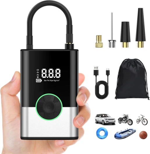 EVARYOO 6000mAh Mini Pompe à Air Électrique,Compresseur à Air Portatif Gonfleur Pneus sans Fil 150PSI avec écran LCD Numérique,Pompe à air Rechargeable pour Voiture,Vélo, Moto, Scoote, Balle