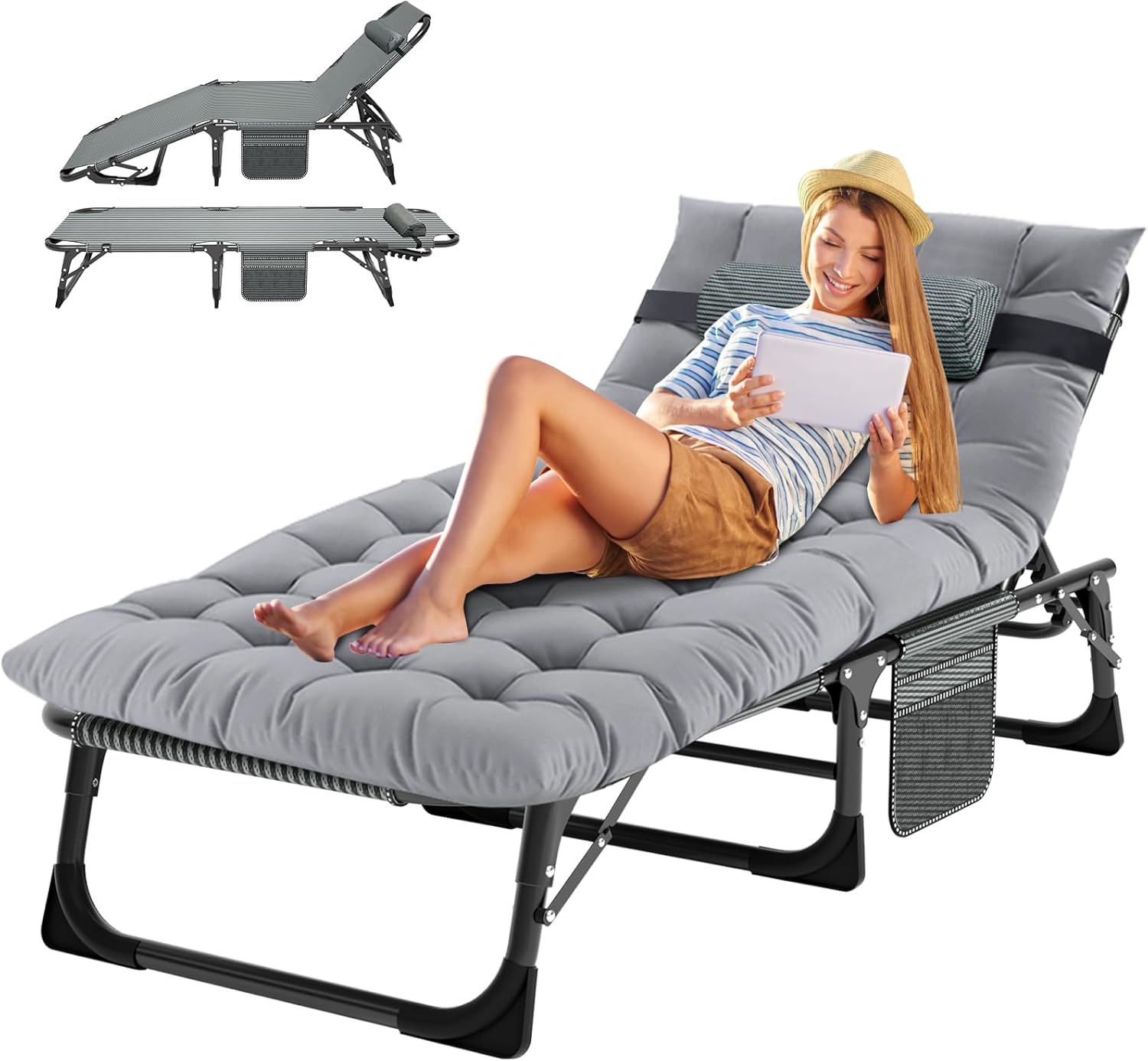 MOPHOTO Chaise Longue Pliable pour Jardin avec Matelas, Dossier et Repose-Pieds réglables, Chaise Pliante Portable pour intérieur et extérieur, Chaise Longue pour Bronzer(1 Paquet)