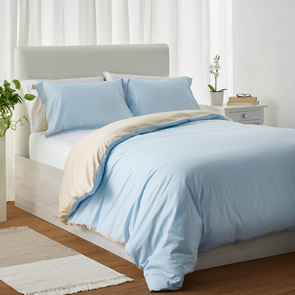 Housse de Couette réversible 220x240 2 Taie d'oreiller 50 x 75 cm Bleu Beige Fermeture Éclair Coton égyptien 300 Fils Parure de Lit Adulte 2 Personnes