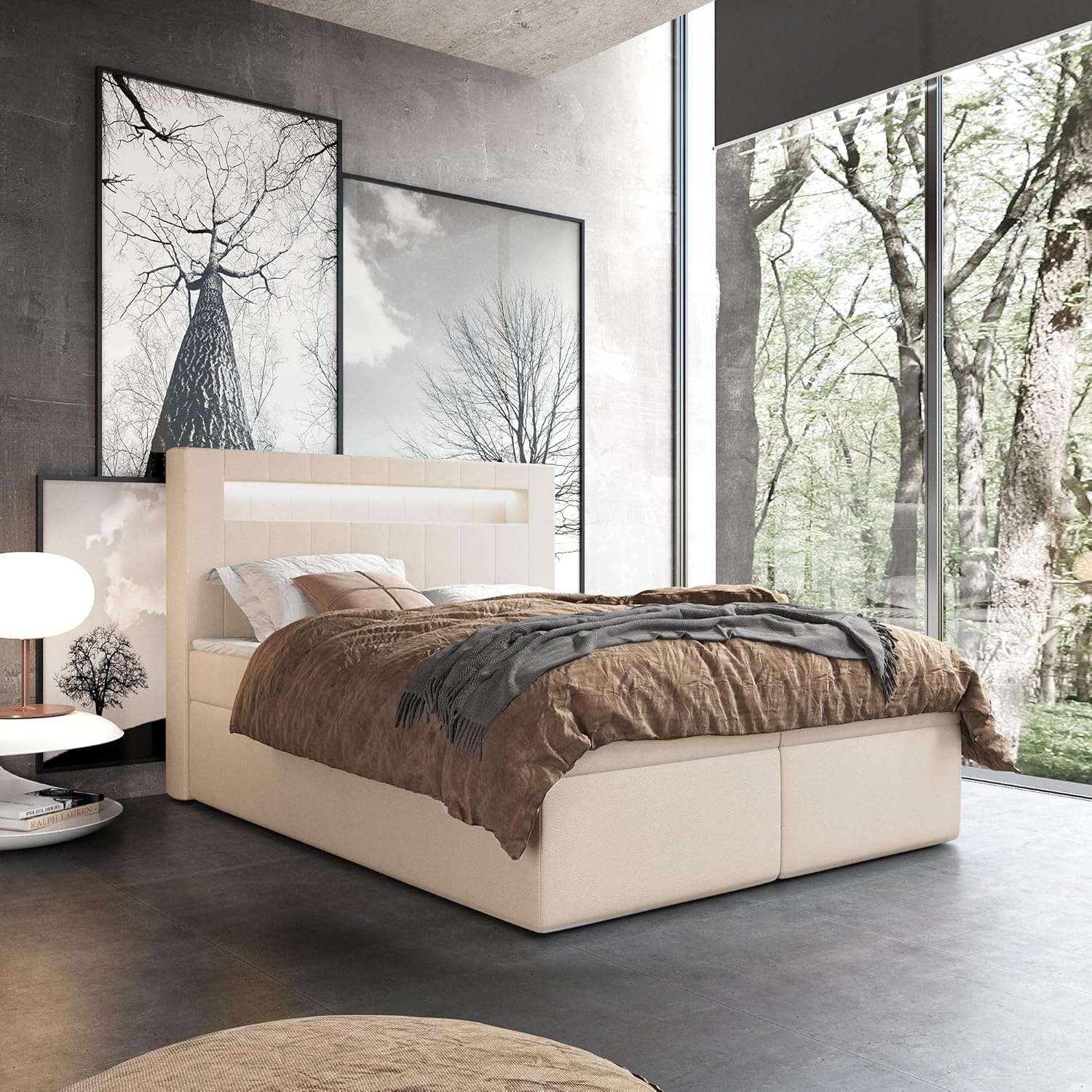 Lit à sommier tapissier - Lit double - 160 x 200 cm - Avec matelas Bonell, coffre de lit pour lit et sur-matelas - Lit avec tête de lit - Appuie-tête à LED (Soft 33, 160 x 200)