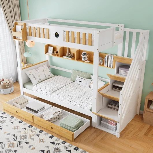 Lit superposé enfant 90x200 avec escalier,lit cabane enfants rangements,lit mezzanine 2 places,lit mezzanine escalier,lit enfant avec barriere,lit enfant avec sommier et casiers tiroirs,blanc naturel