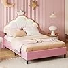 Lit pour enfant avec lumières LED 90 x 200 cm, lit pour fille avec couronne et forme de nuage, lit adolescent avec sommier à lattes et dossier, cadre de lit, rembourré, sans matelas, rose (90 x 200
