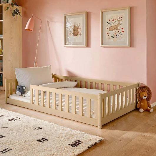 Lit d'enfant Lit au Sol 120x200 cm Lit avec Protection Contre Les Chutes & sommier à Lattes Montessori Lit Lit à barreaux Enfants Lit d'adolescent Lit Simple, Option avec Matelas Naturel garçon Fille
