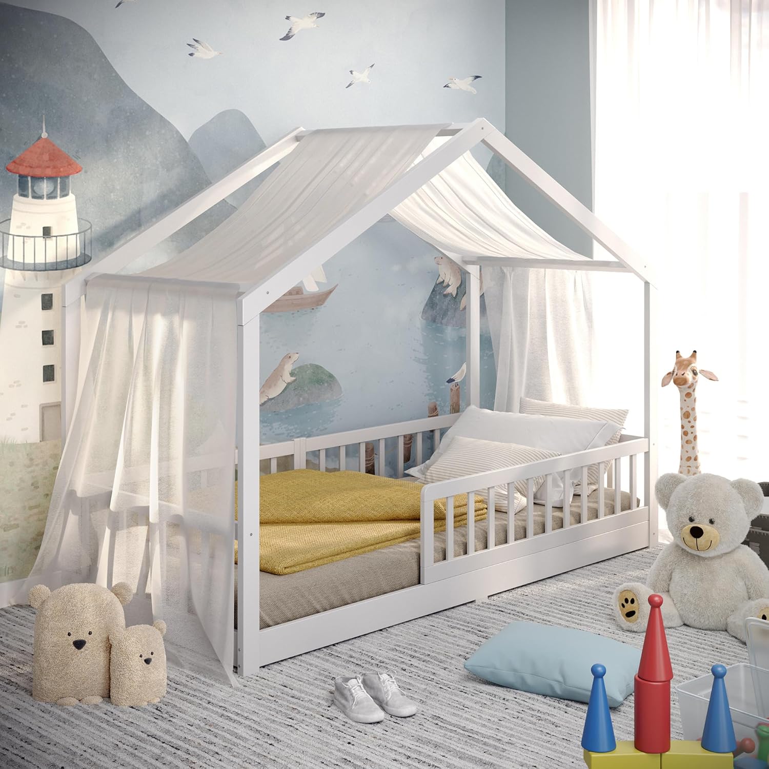 CADANI Malte Lit au Sol Lit Maison pour Enfants 90x200 cm Blanc, Barrière de sécurité, Design Montessori, Transformable, Bois Massif, sommier Inclus