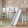 Wuudi Lit mezzanine, superposé, avec échelle droite à trois niveaux, avec toboggan, avec étagère amovible, pin + MDF, blanc + naturel, 90 x 200 cm