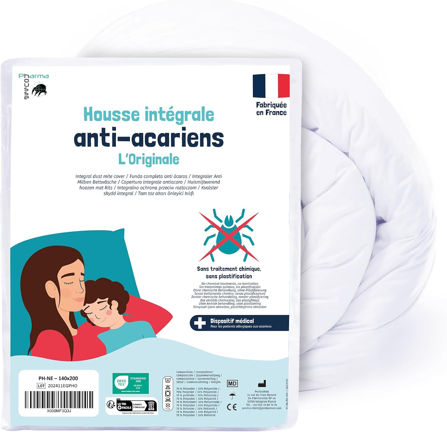 Pharma-Housse - Housse Anti-acariens intégrale pour Couette - Dispositif médical - Garantie 10 Ans - Housse barrière sans Traitement ni plastification - Fabriquée en France