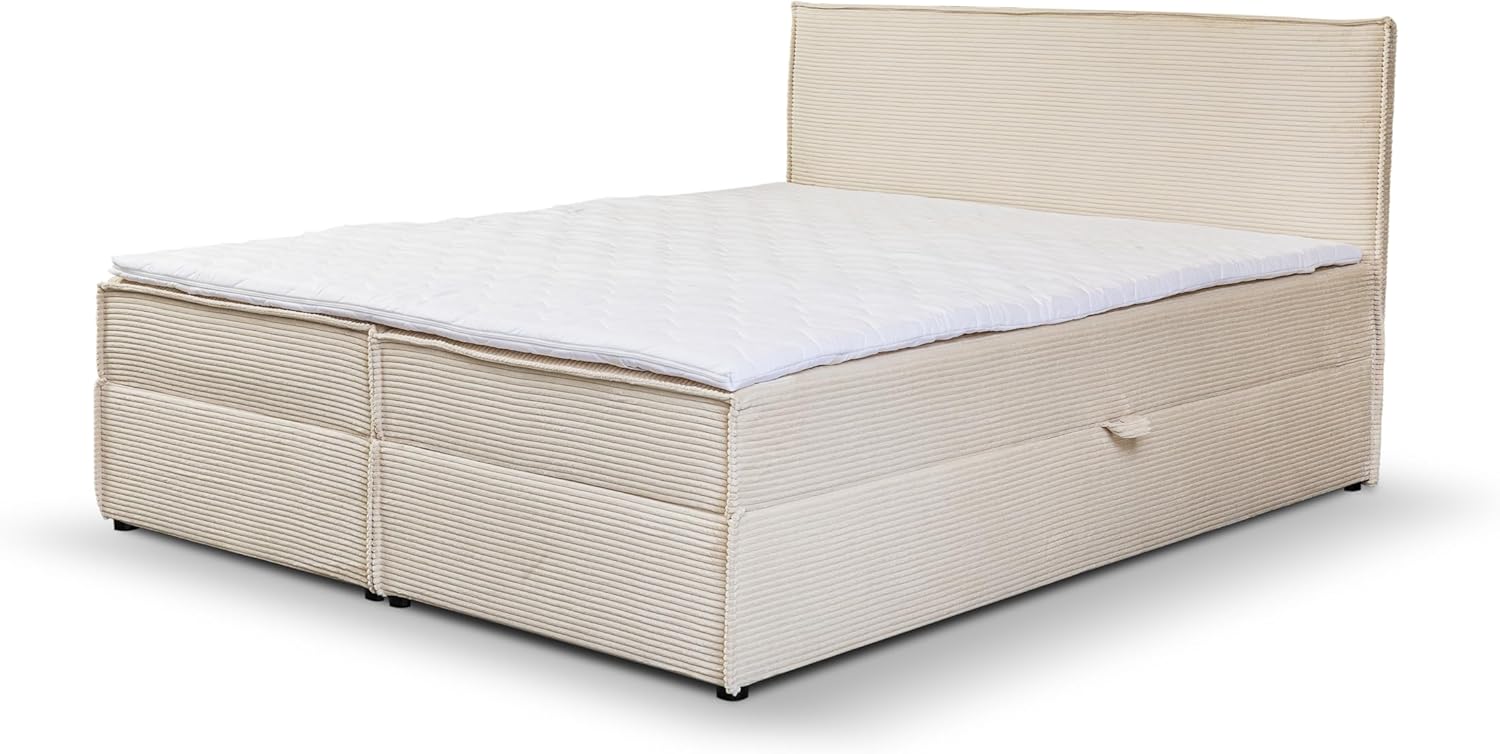 VENASI MÖBEL Gloria Lit à sommier tapissier avec coffre de lit H2/H3 et matelas en velours côtelé (beige, 140 x 200 cm)