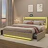 LONELYO Lit 160x200 avec Sommier LED et USB, Rangement et Tiroirs – Lit Coffre Moderne en Lin Beige pour Adolescents
