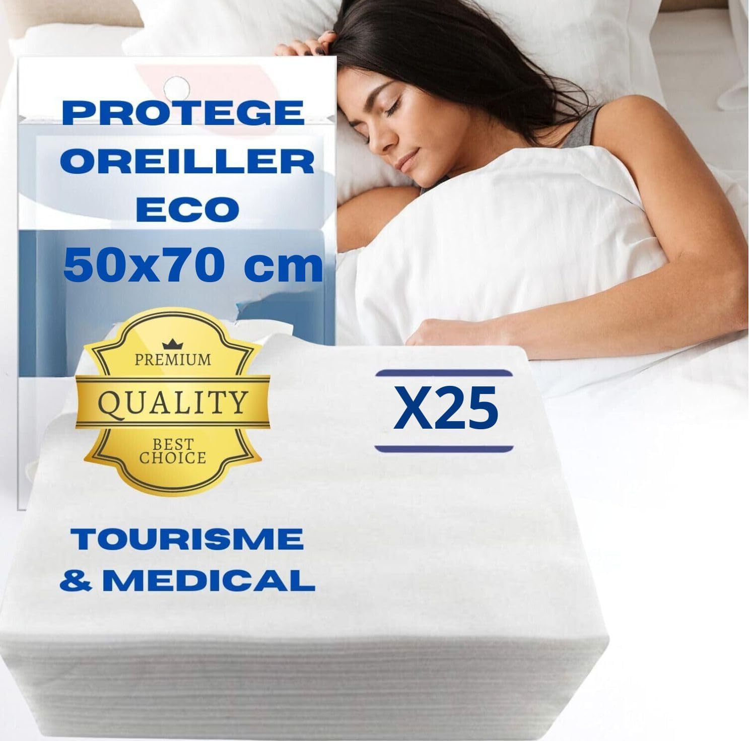 Protège Oreiller Hygiénique 50X70 cm - Lot de 25 Taies Jetables - Protection Anti Tâches- Acariens - Allergies - Cheveux - Microbes et Bactéries - Hygiène Literie Médicale & Tourisme