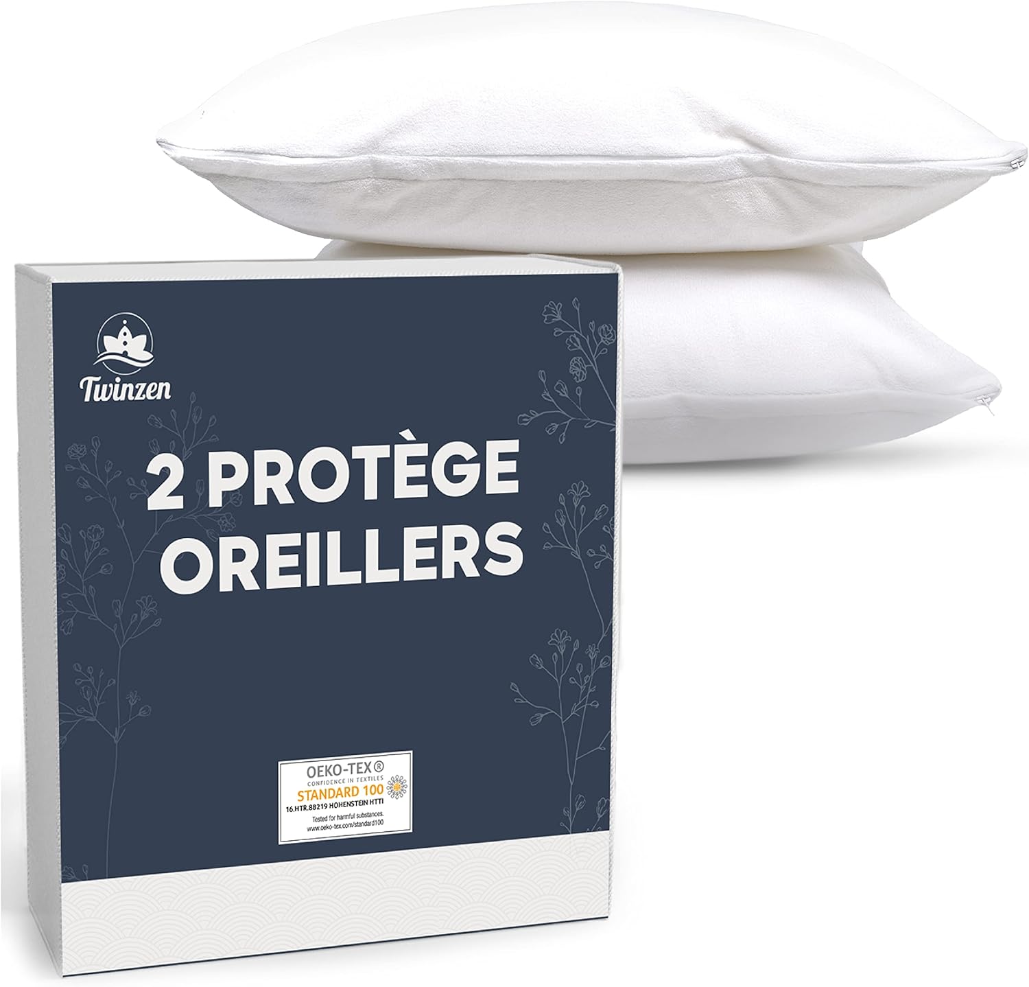Protege Oreiller 50x80 - Lot de 2 Housse Oreiller Impermeable avec Fermeture Zip - Certifié Oeko-Tex - Technologie Twinzen Protège Oreiller 50x80 cm Blanc
