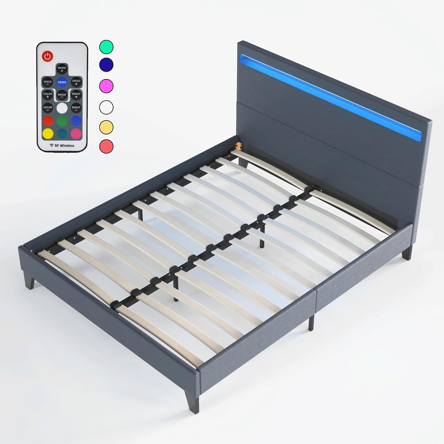 Lit avec sommier & Tête de lit LED - 120 x 190cm - Revêtement synthétique Noir- Stable et Robuste avec Pieds centraux de Renfort