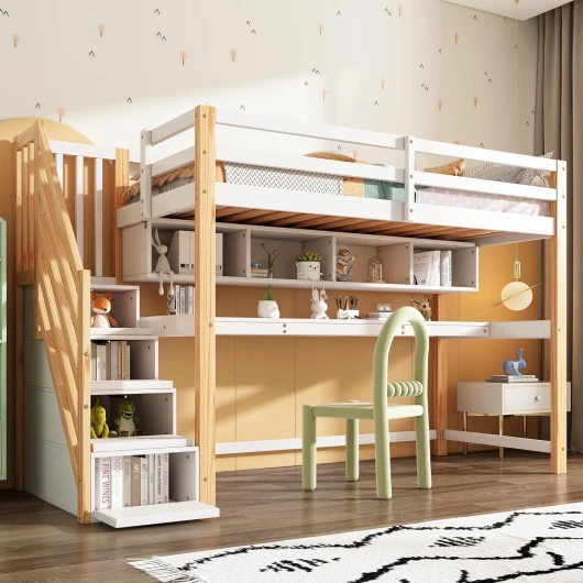 Lit Mezzanine 90 x 200 cm, avec Grand Bureau et Escaliers de Rangement, Lit Enfant avec Étagères de Stockage, pour Garçon et Fille, Blanc et Bois (sans Matelas)