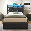 Lit Coffre 90x200 avec Rangement et Tete de Lits,Cadre de Lit 1 Place 90 x 200 avec Sommier à Lattes,éclairage LED et Prise,Lits Adulte 90x200,lit Capitonné en Simili Cuir,Noir-sans Matelas