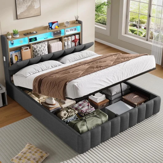 Lit Coffre 140 x 190 à LED, Lit Hydraulique avec Étagères Ouvertes et Rangement Caché en Tête de Lit Capitonné, Lit 2 Personnes avec Lattes en Bois, Lit 140 x 190 avec Sommier en Lin Gris