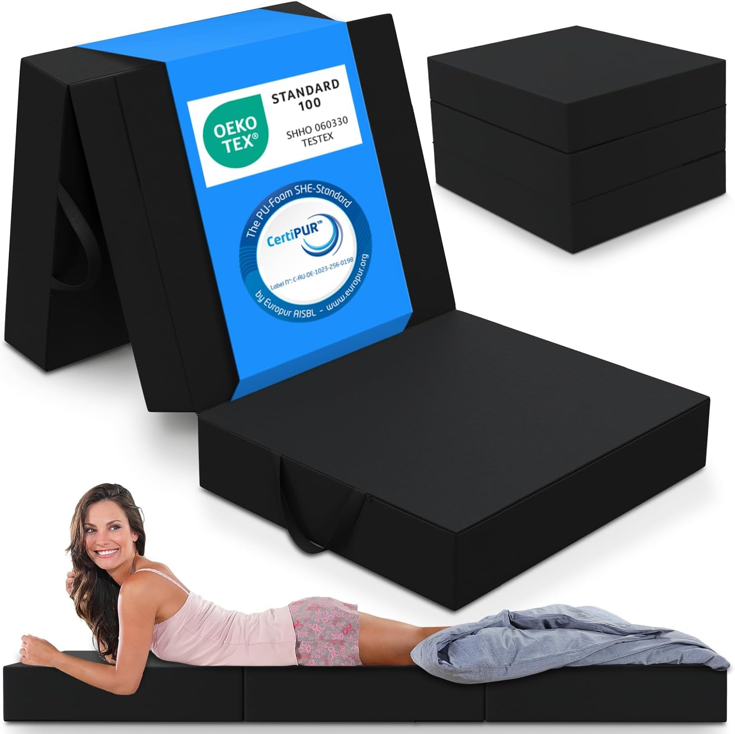 Matelas Pliant, Matelas d'Appoint Pliable en 3 Parties, Mousse Extra Épaisse (15 cm), Lavable, Cube Intervertébral, Matelas Pliable, pour Adulte, 1 Personne (Noir, 75 x 195 x 15 cm)