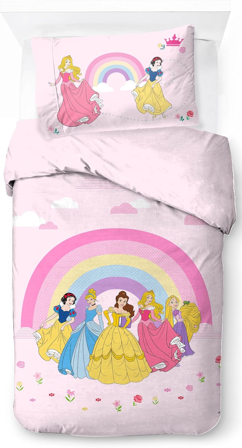 Disney Princess Rainbow 100% Coton Ensemble Housse de Couette Lit Simple – Comprend Une Taie d’Oreiller 50 x 70 cm