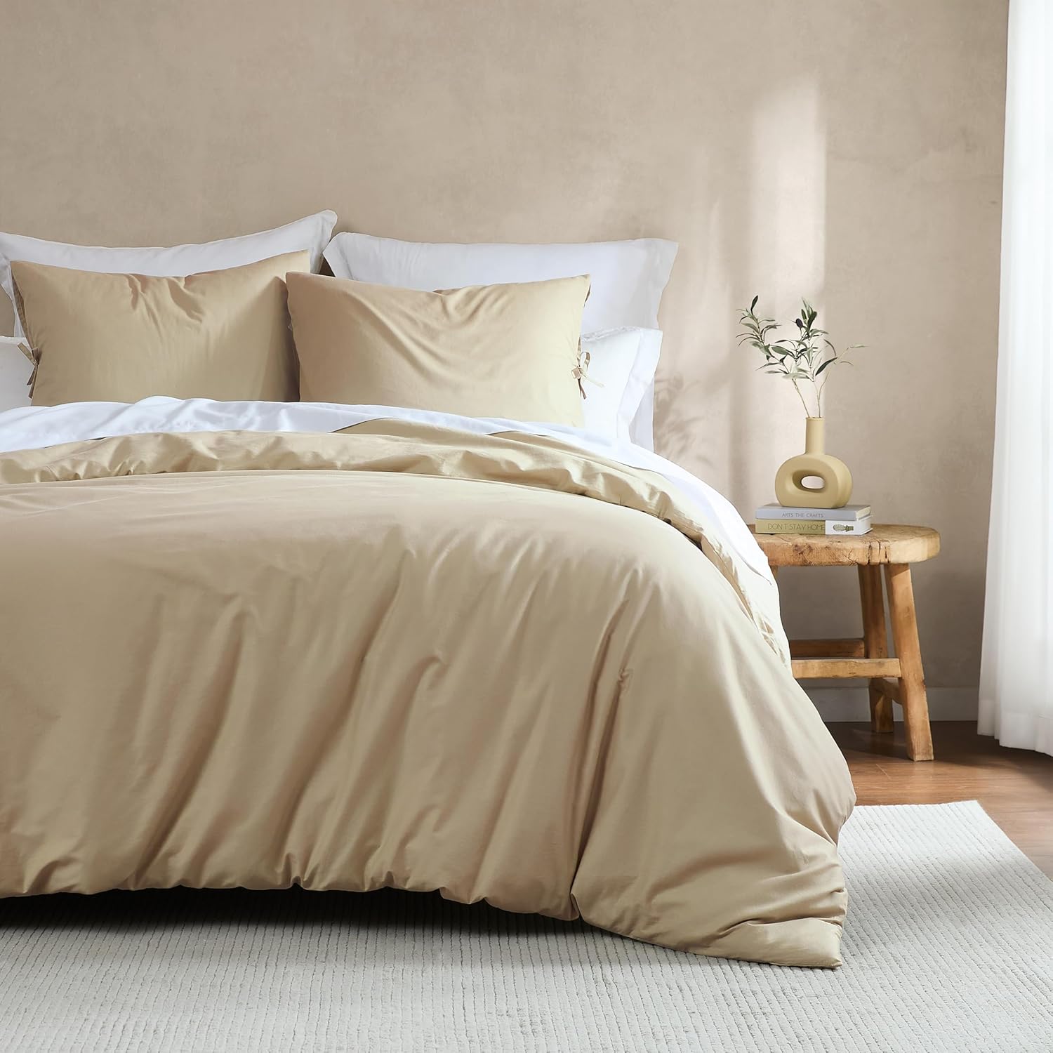 R.SHARE Housse de Couette 200x200 Coton avec 2 Taies d'oreiller 80x80 cm Beige, Parure de Lit 200x200 Adulte Confortable, Linge de Lit 3 Pièces Doux et Respirante 2 Personne Sable Printemps été