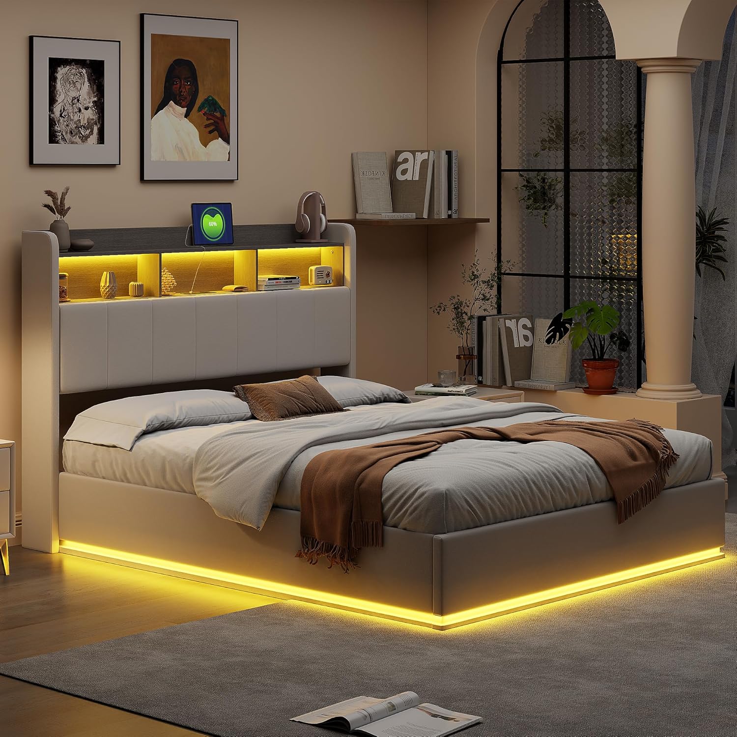 Lit Coffre 160 x 200 cm,avec Éclairage LED et Port USB,Lit Double Rembourré avec Rangement et Tete de lit,pour Adultes et Adolescents,Velours (Beige B, 160 x 200 cm)
