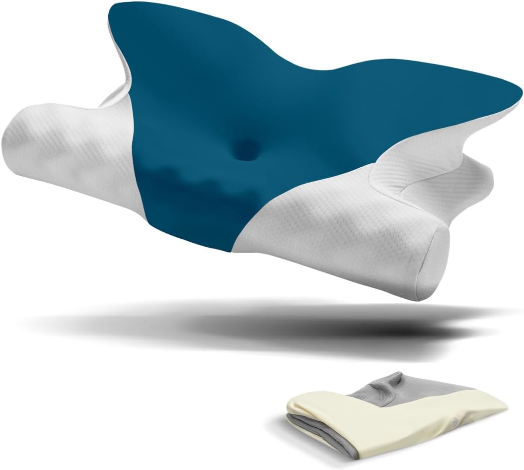 Oreiller Cervical Soutien de la Nuque, Cadeau Fete des Meres, Oreiller Ergonomique à Mémoire de Forme pour Dormir sur Le Côté et sur Le Dos avec 2 Taies d’Oreiller Rafraîchissantes