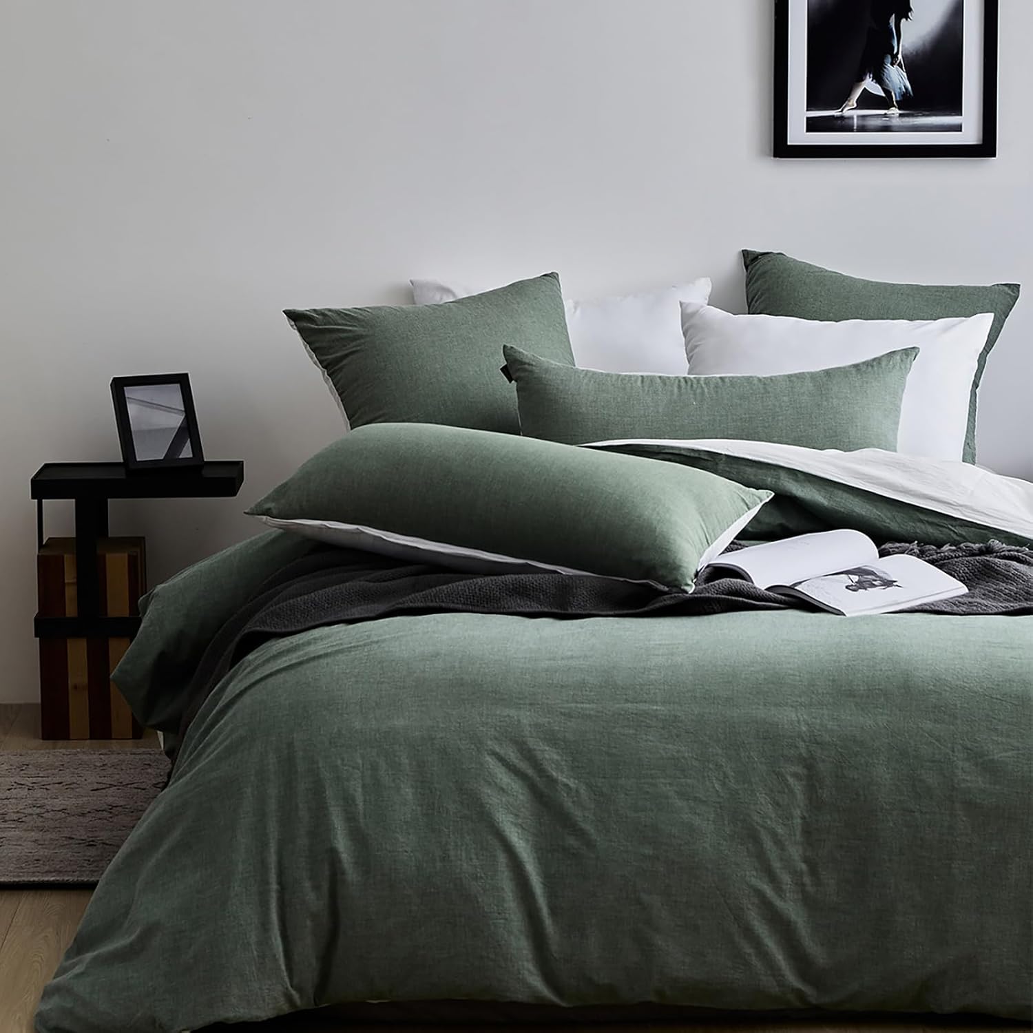 Housse de Couette 220x240 Coton, Vert Parure de Lit 220x240 Coton avec 2 Taie d'oreiller 65x65 cm, 100% Coton Lavé, Certifié Oeko-TEX, Verte Sauge Parure Housse Couette avec Fermeture Éclair