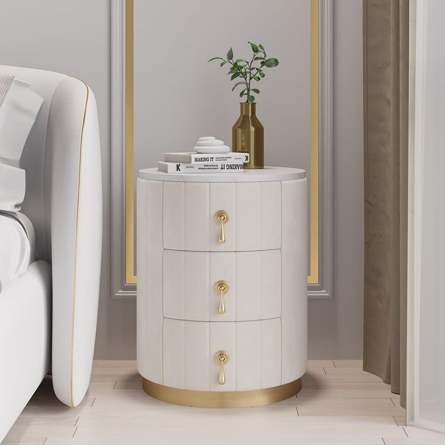 Homary Table de Chevet à 3 Tiroirs avec Dessus en Pierre Frittée, Luxe et de modernité (Blanc-Orbiculaire)