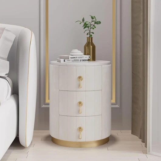 Homary Table de Chevet à 3 Tiroirs avec Dessus en Pierre Frittée, Luxe et de modernité (Blanc-Orbiculaire)