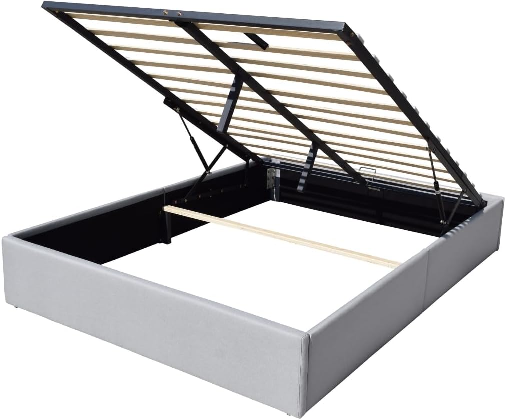 Solide Lit Coffre Gris pour Matelas 160x200 cm - 14 Lattes - Manon + Pieds - Montage Rapide et Facile - revetement PVC Simili Facile d'entretien 160x200 Gris