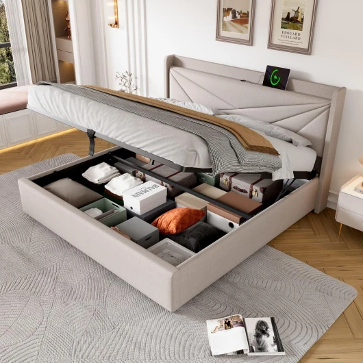KOMHTOM Rembourré Lit Coffre avec Tête, Cadre de Lit Plateforme avec Rangement sous Le lit Sommier à Lattes en Bois, Moderne Beige(sans Matelas) (180 x 200CM)