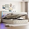 Lit Coffre 160x200 avec Sommier – LED & Station de Charge, Capitonné Velours Beige avec Tête Rabattable – Tiroirs Escamotables & Rangement [2 Personnes/Design Moderne]